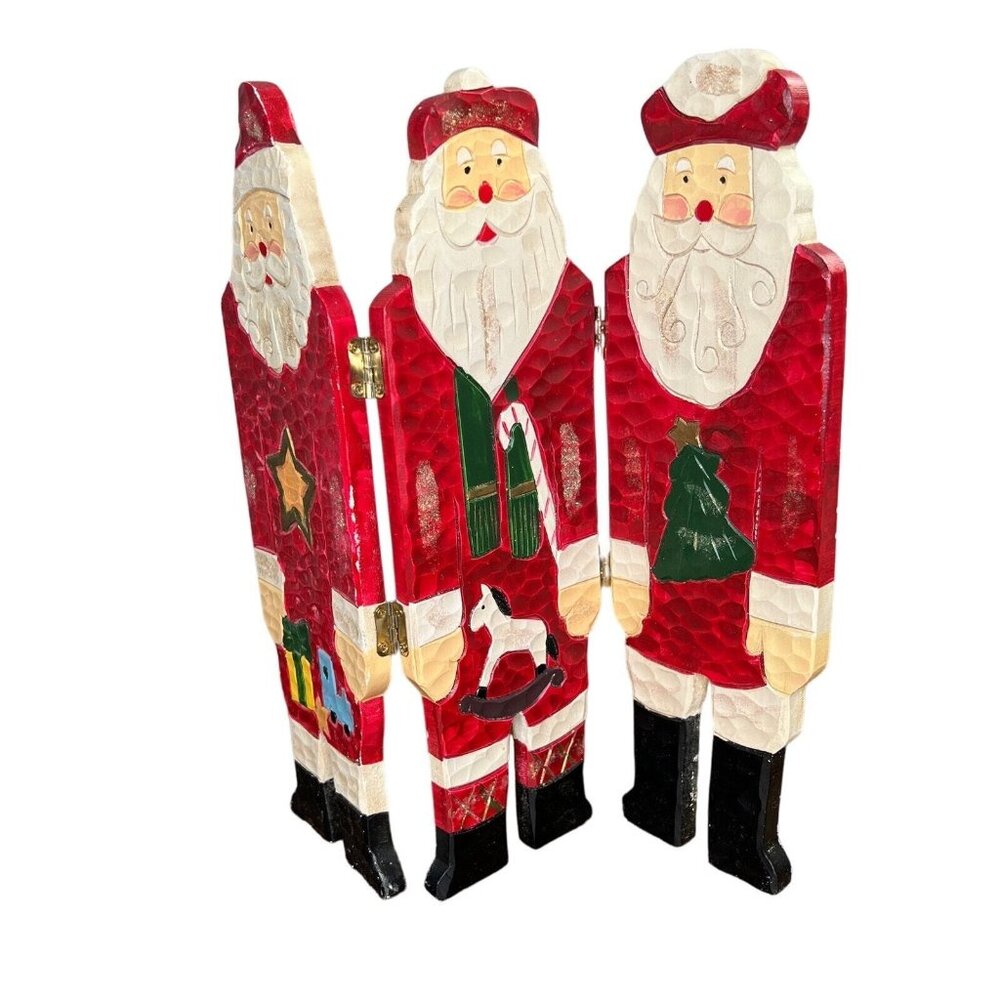Tri-Fold Carved Wooden Santa Claus St. Nick Hand Painted Christmas